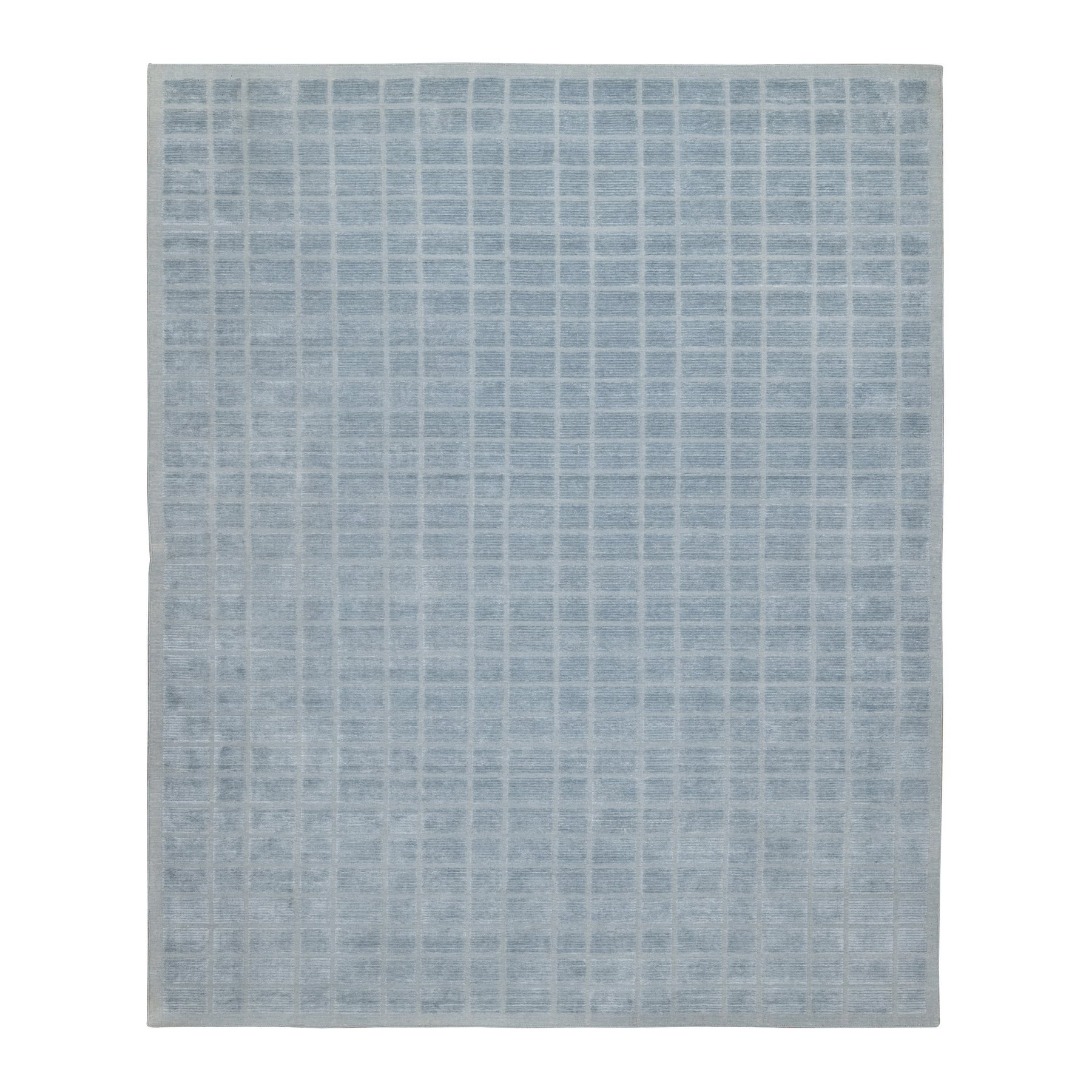 8'2"x9'10" Stone Blue, Modern Grid Pattern, Hand Loomed, Soft Plush Pile, Pure Wool, Oriental Rug 